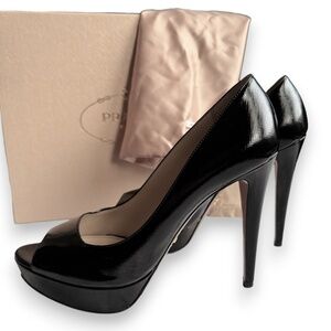 PRADA Vernice Saffiano leather peep toe platform pumps black size 39.5
